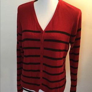 JONES & CO. Cardigan Sweater Maroon w/Navy Stripes